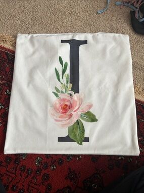 Floral 'I' Monogram Pillow Cover in White and Pink